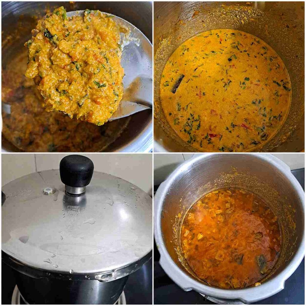 Pressure Cooker Parotta Salna Recipe showing the gravy before one whistle pressure cooking and the flavorful hotel-style salna after cooking.