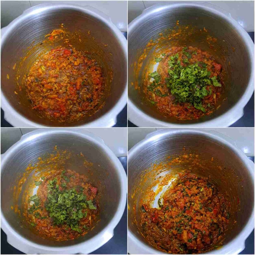 Pressure cooker parotta salna recipe showing rich onion tomato masala with fresh mint and coriander added for authentic hotel-style flavor.