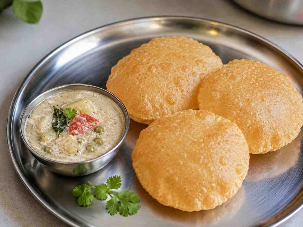 Pattani kurma served with crispy puffed poori on a steel plate with fresh coriander garnish