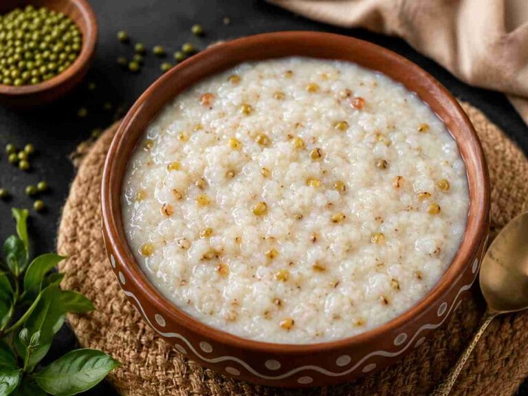A bowl of creamy Payaru Kanji made with whole green gram, raw rice, and fresh coconut milk, served hot.