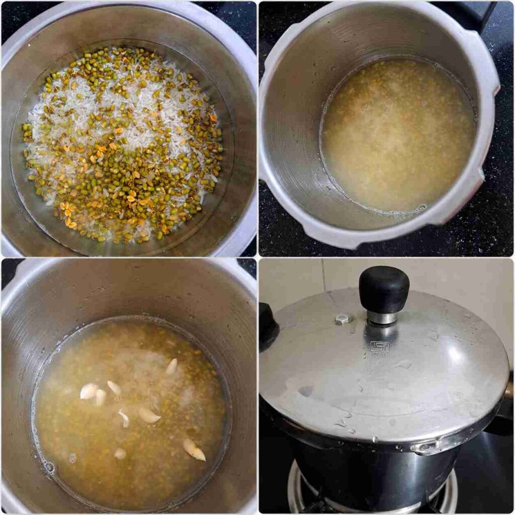 Collage showing soaked whole green gram and raw rice, water, garlic, and pressure cooking in a cooker.