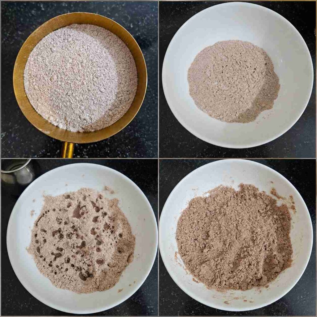 Step-by-step images showing ragi flour mixed with water to achieve the perfect consistency for ragi flour puttu.