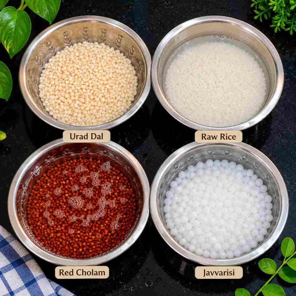 Red Cholam, urad dal, idli rice and javvarisi soaked separately for making Red Cholam Idli Dosa Batter Recipe