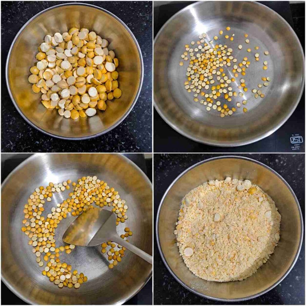 Roasting roasted gram and grinding it into a coarse powder for creamy capsicum curry recipe.