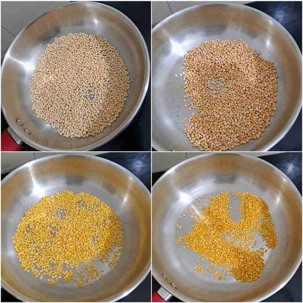 Whole white urad dal and moong dal being dry roasted separately in a pan until lightly golden for Aadi Kummayam recipe.