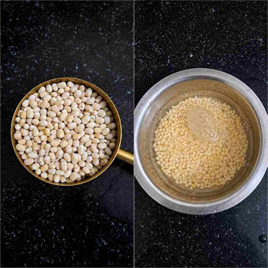 Whole white urad dal soaked in water for one hour before making traditional Ulundu Paal Recipe.