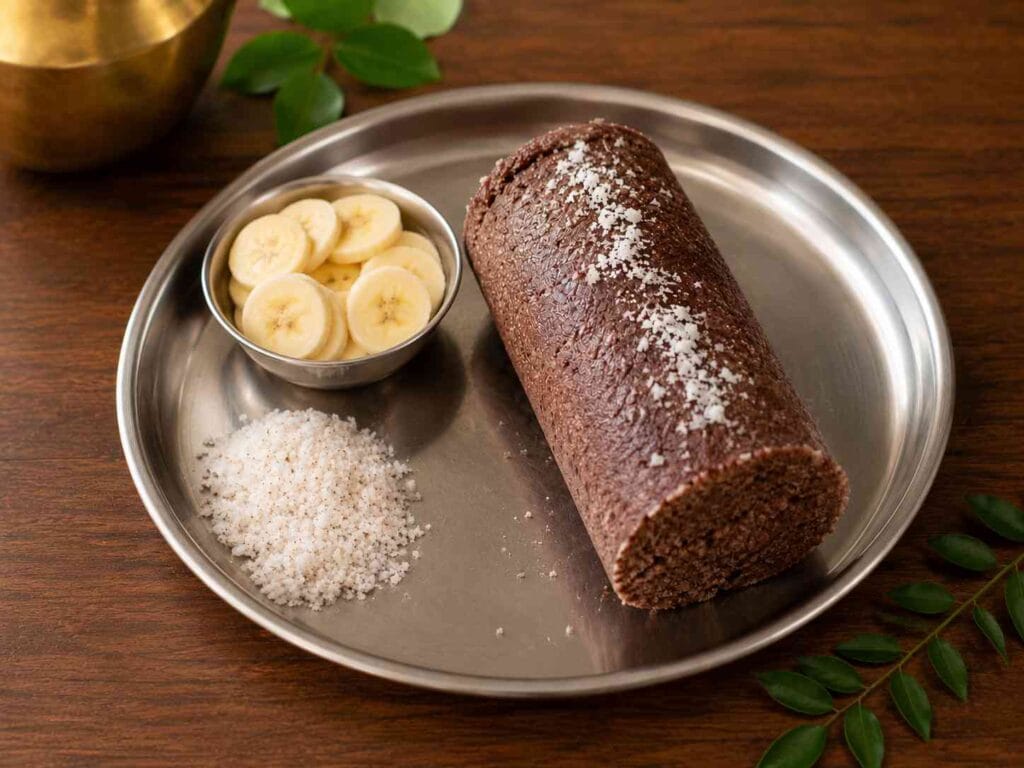 Soft ragi puttu served with banana slices, grated coconut, and nattu sakkarai on a stainless steel plate.