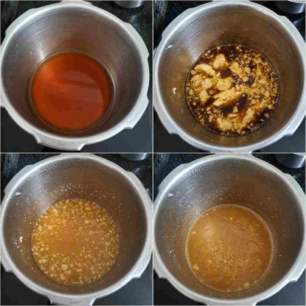 Step-by-step preparation of country jaggery syrup for traditional Ulundhu Paal using melted jaggery and water.