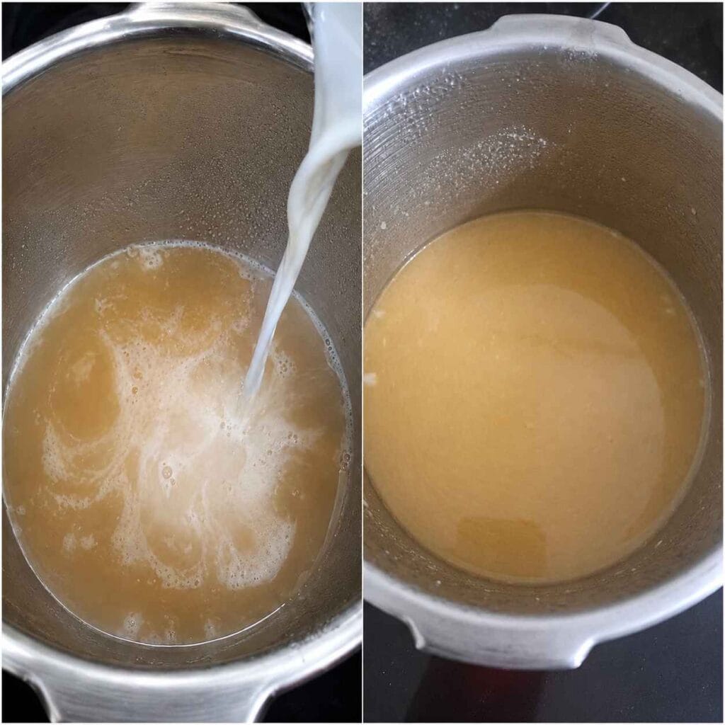 Adding coconut milk to Ulundu Paal while simmering to create a creamy traditional South Indian urad dal milk recipe.