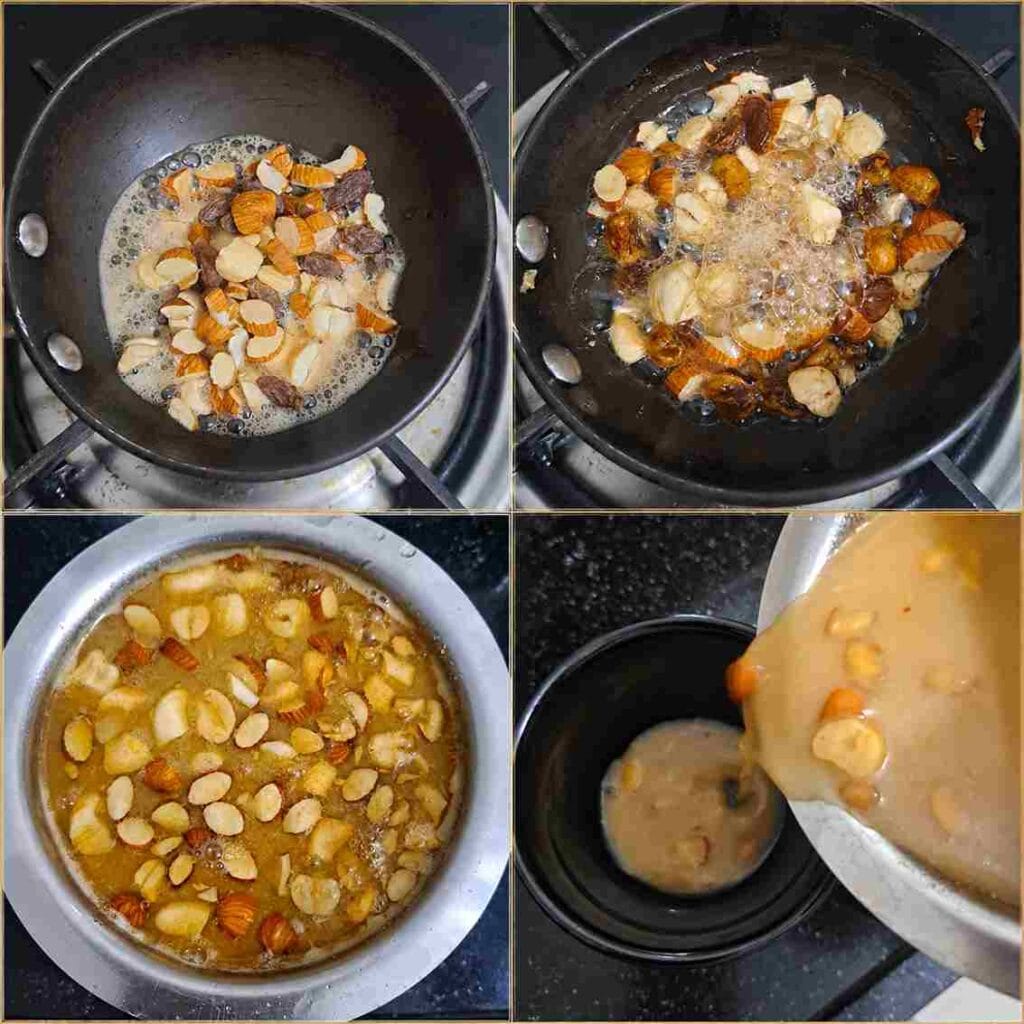 Roasting cashews, almonds, and raisins in ghee before adding them to traditional Ulundu Paal Recipe for extra flavor and crunch.