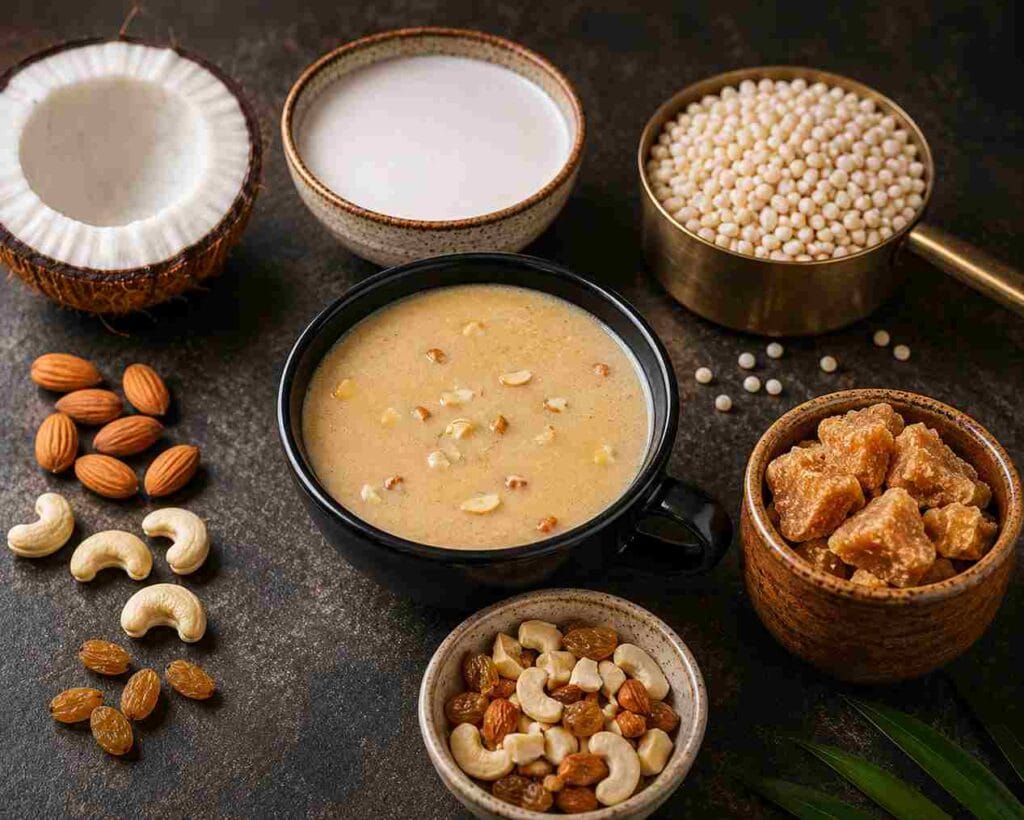 Ingredients for Ulundu Paal Recipe including urad dal, country jaggery, coconut milk, almonds, cashews, raisins, and cardamom.