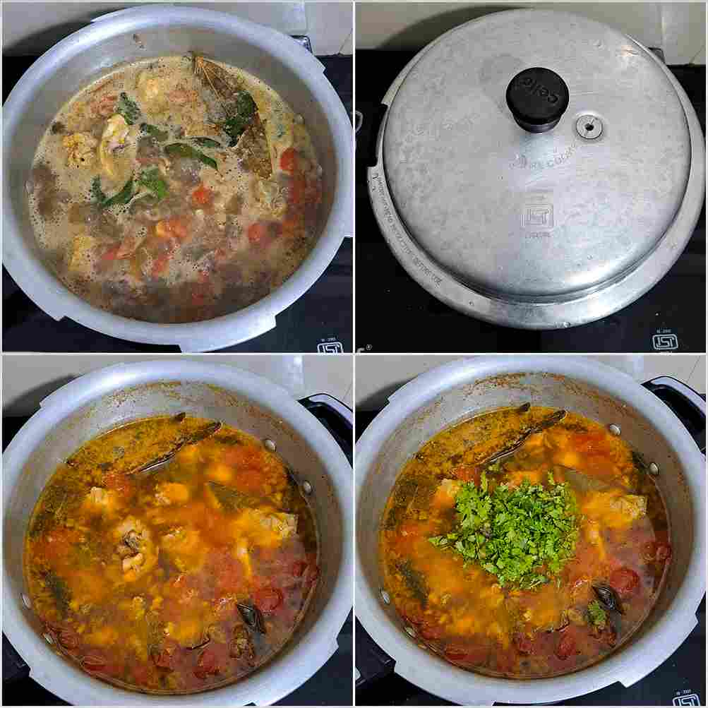 Chicken Milagu soup simmering in a pressure cooker, cooked after two whistles and finished with fresh coriander leaves.