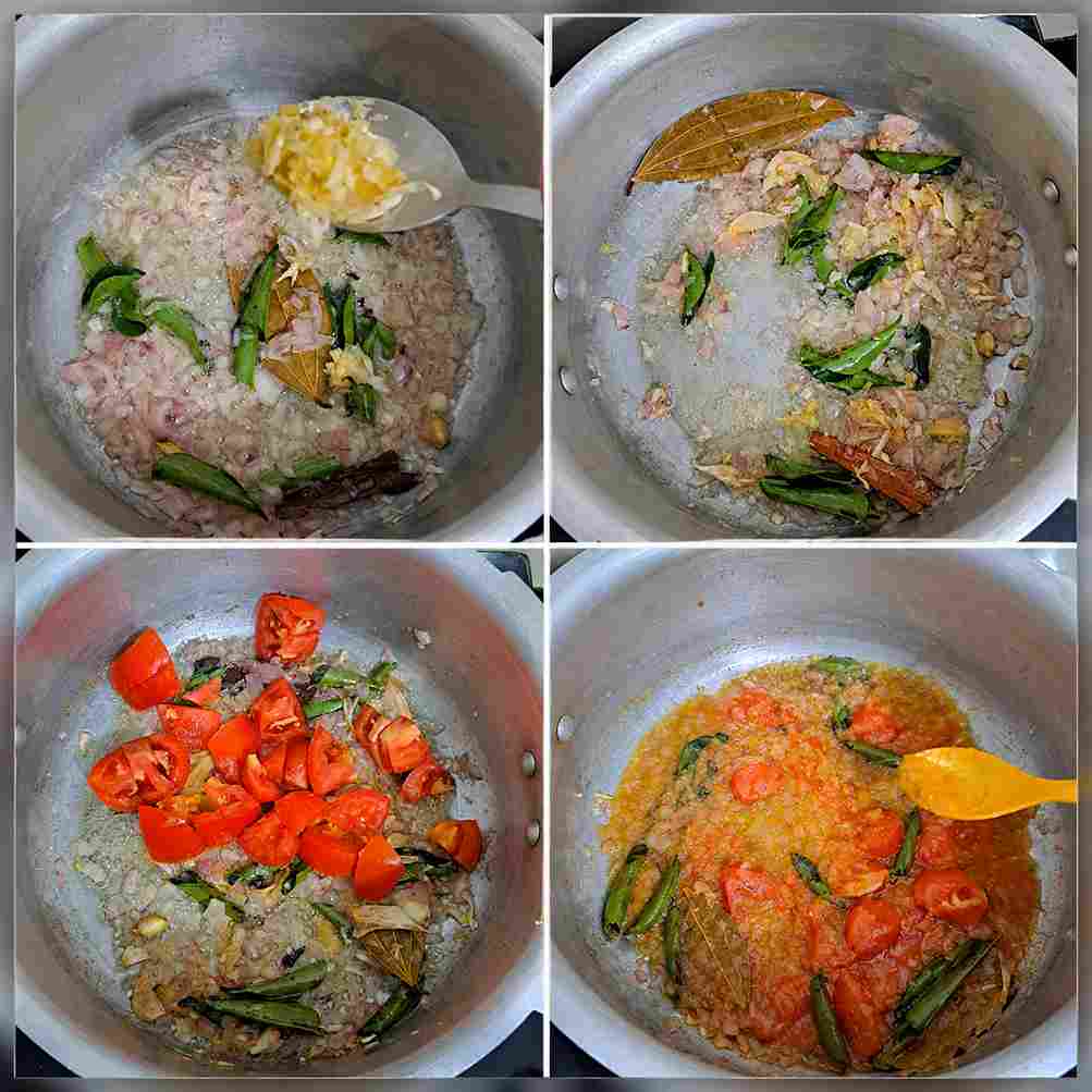Fresh ginger garlic paste, onions, tomatoes, curry leaves, and whole spices cooking together in a pressure cooker.