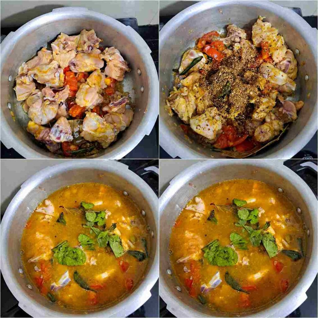 Chicken pieces, freshly ground spices, mint leaves, and broth simmering together in a pressure cooker.