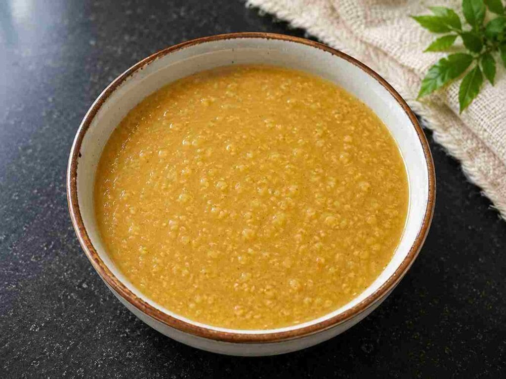A bowl of cooked foxtail millet and moong dal sweetened with jaggery before adding roasted cashews and raisins.