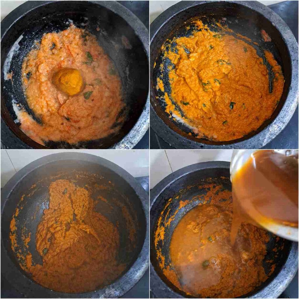 Cooked onion tomato masala in a clay pot with water being added to make fish kulambu