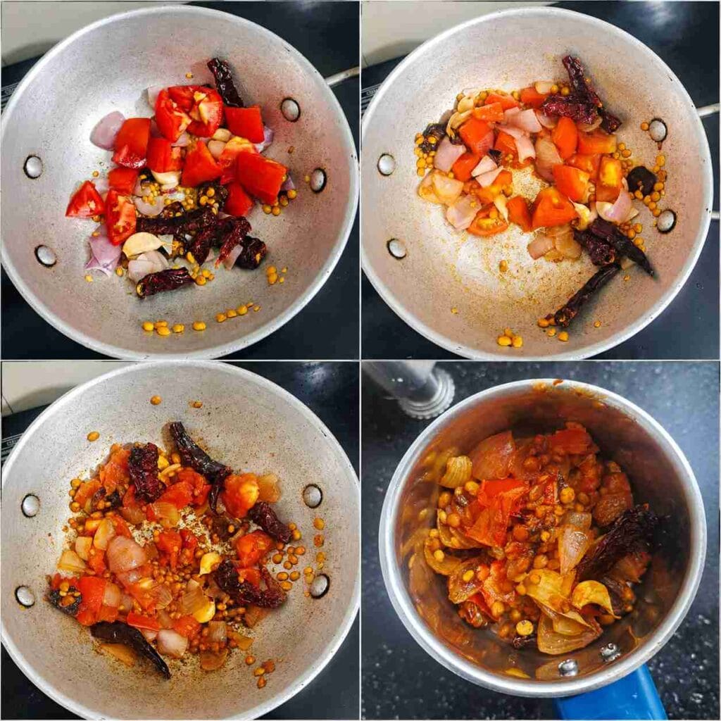 Tomatoes, onion, garlic, roasted lentils, and dried red chillies cooking together in a kadai before blending into a smooth chutney.