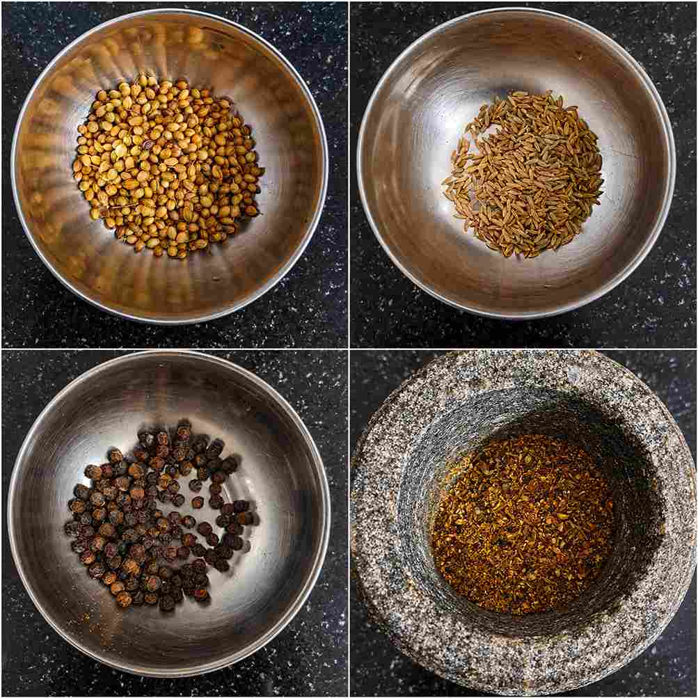 Bowls of coriander seeds, cumin seeds, black peppercorns, and freshly crushed spice powder in a mortar and pestle.