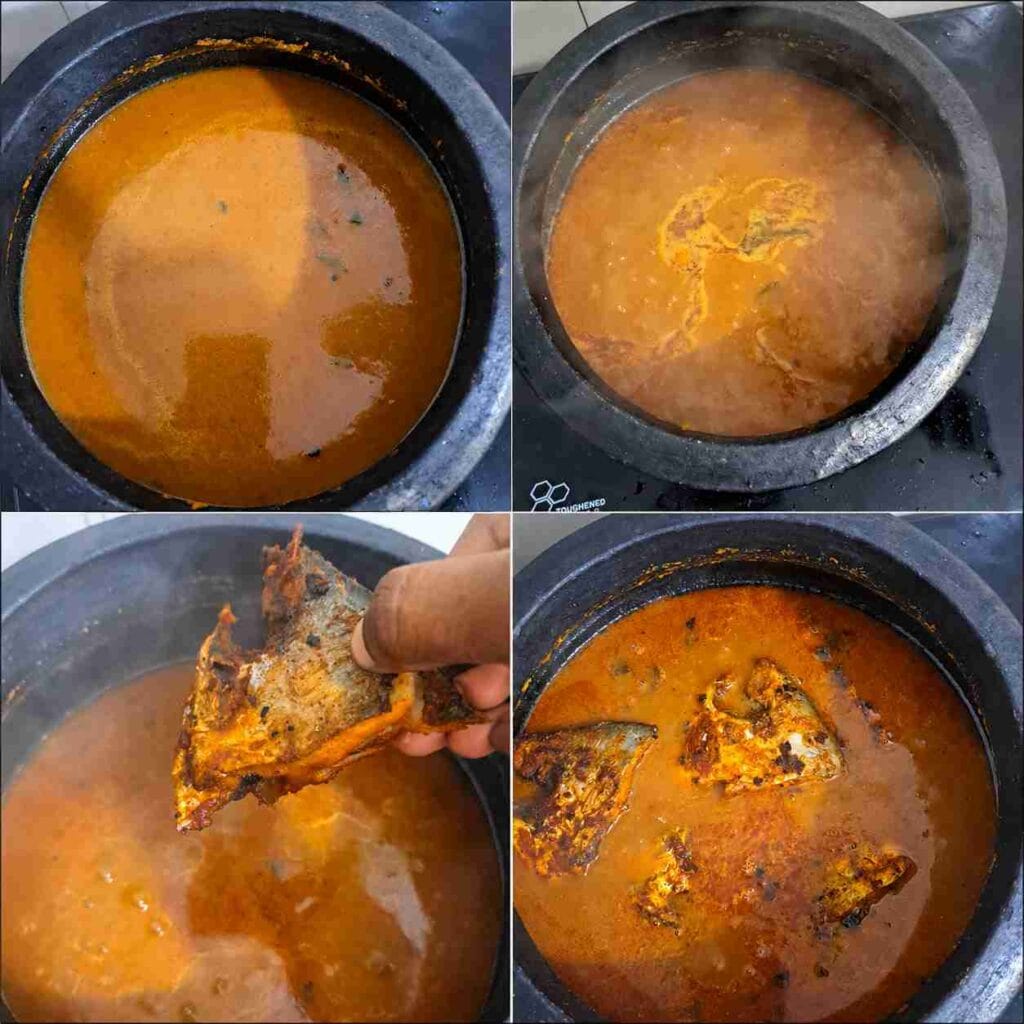 Fried pomfret pieces being added to simmering tamarind fish kulambu