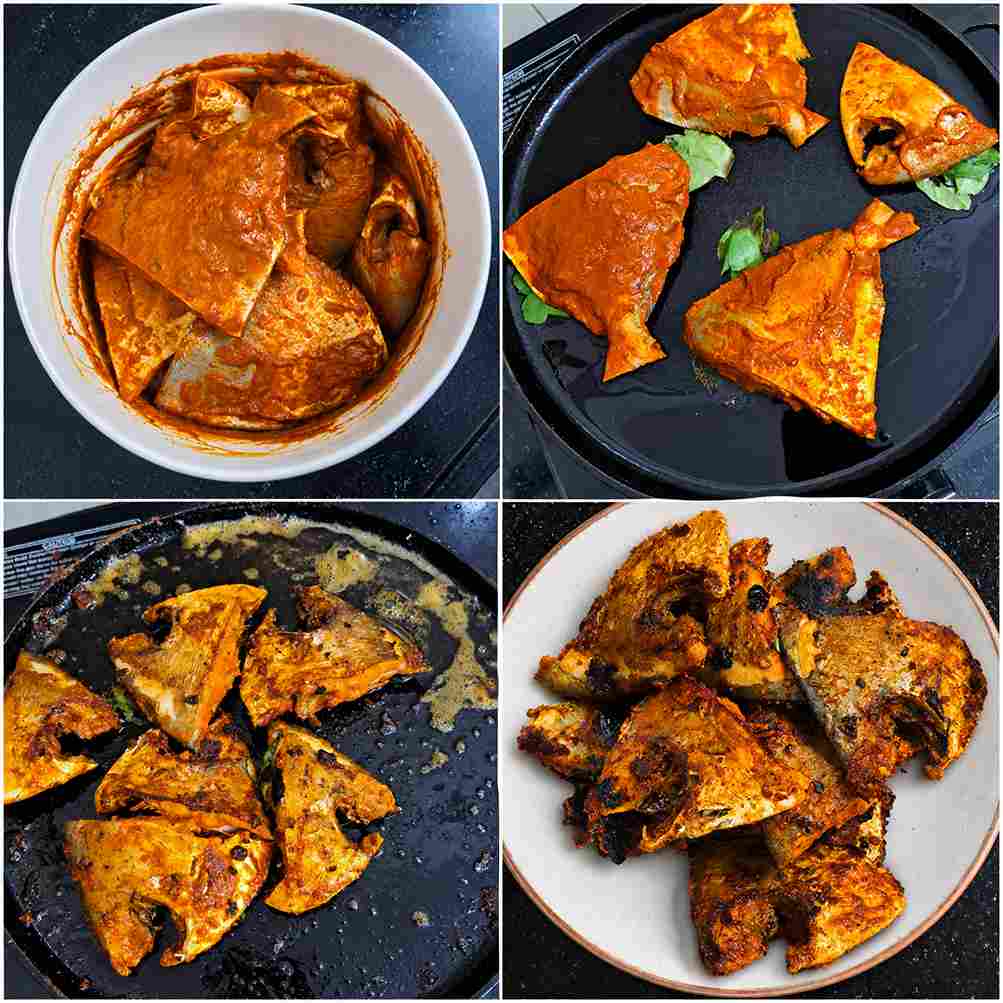 Pomfret pieces coated with masala and fried until golden and crisp