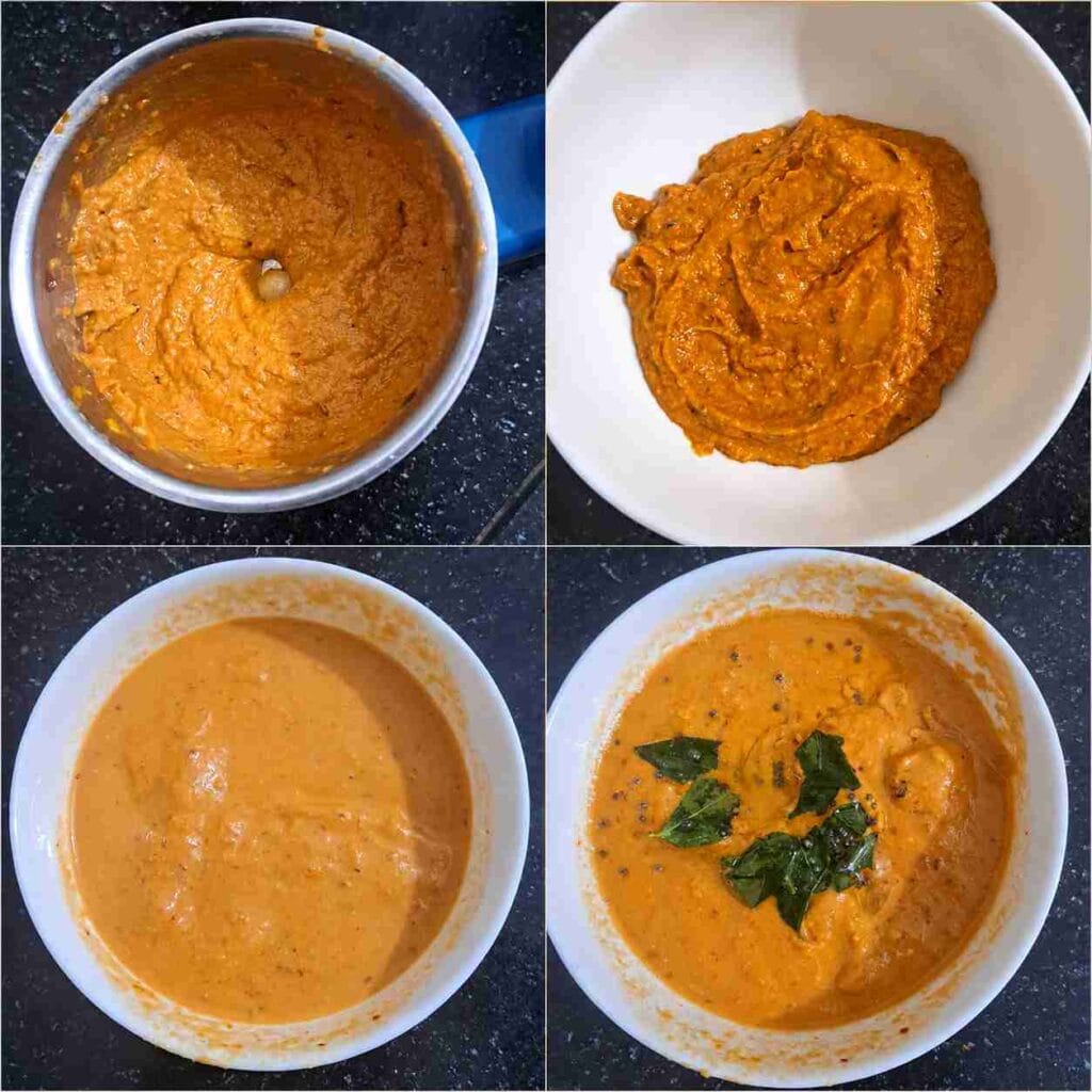 Freshly ground tomato garlic chutney in a blender jar and bowl, finished with mustard seeds and curry leaf tempering.