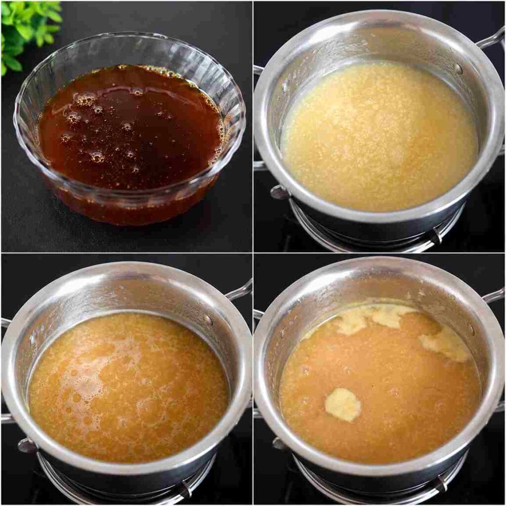 A four-step collage showing strained jaggery syrup mixed with cooked foxtail millet and finished with ghee in a cooking pot.