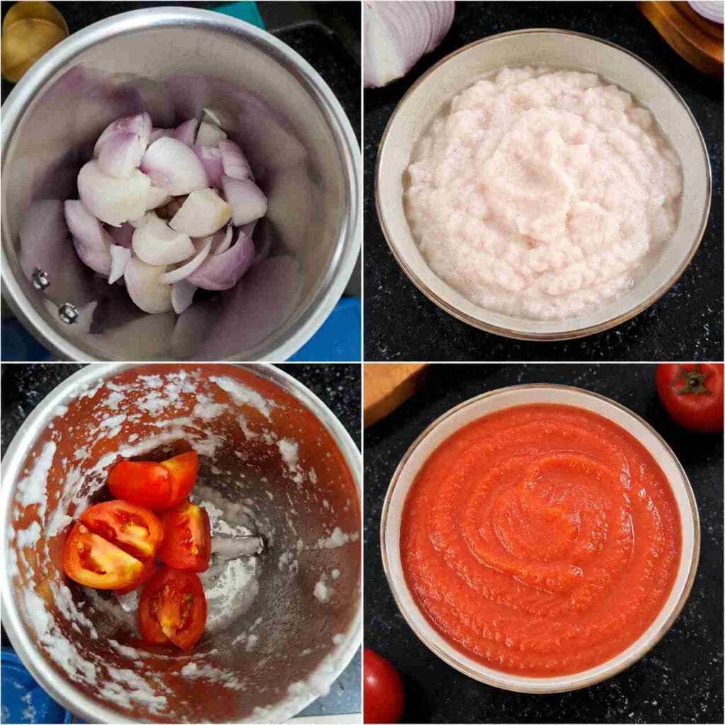 Onion pieces and tomato pieces being ground into smooth purees for the fish kulambu