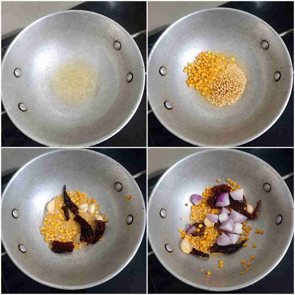 Chana dal, urad dal, dried red chillies, garlic, and onion roasting in a kadai with gingelly oil for South Indian chutney.