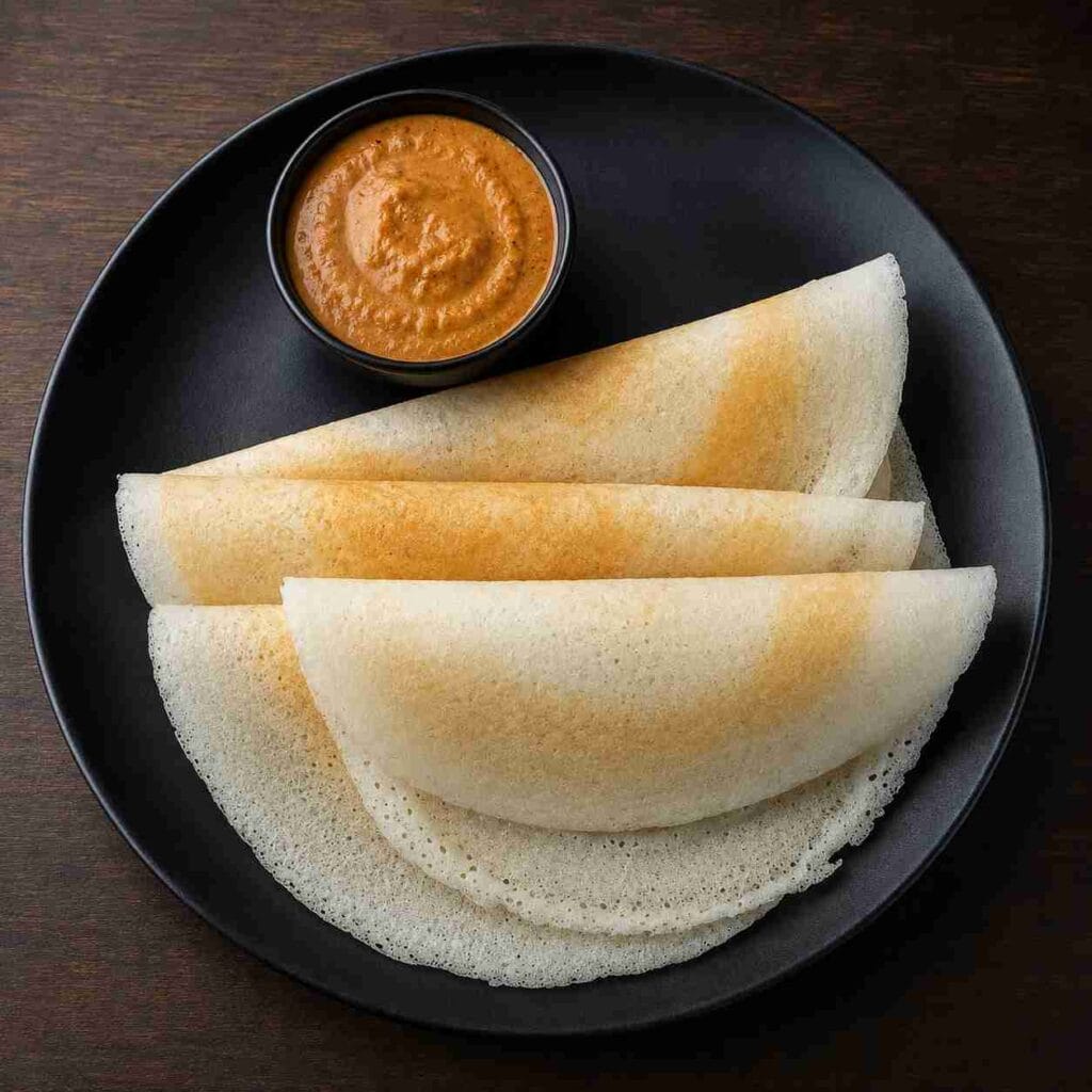 Crispy dosa served with a bowl of Tomato Garlic Chutney on a black plate for a traditional South Indian breakfast.