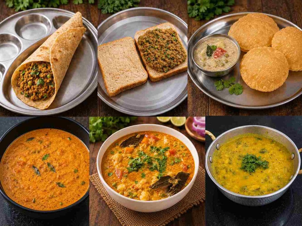 Collage of vegetarian side dishe for chapathi including soya kheema, pattani kurma, salna, veg kurma and potato peas masala