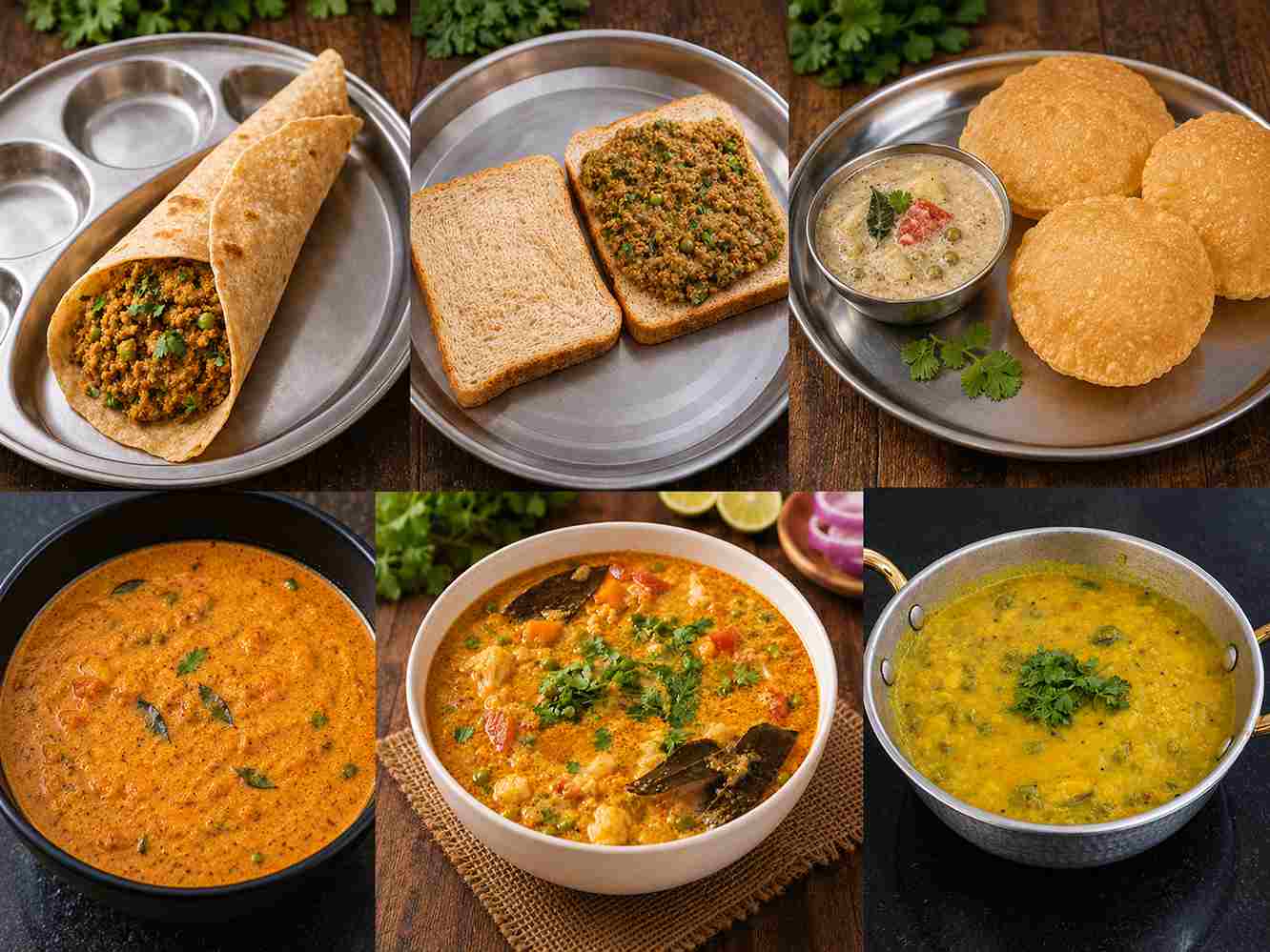 Collage of vegetarian side dishe for chapathi including soya kheema, pattani kurma, salna, veg kurma and potato peas masala