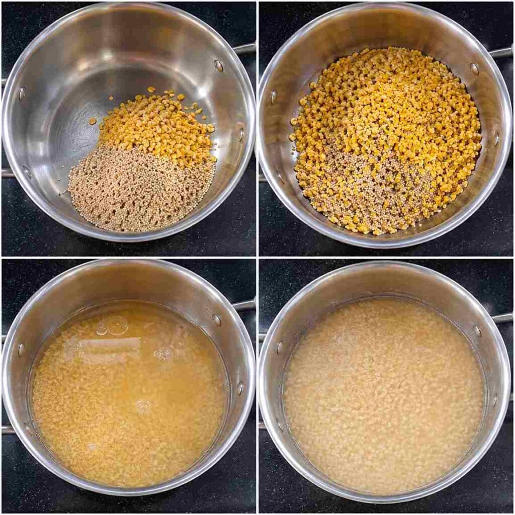 A four-step collage showing washed foxtail millet and moong dal soaking in water and cooking until soft in a stainless steel pot.