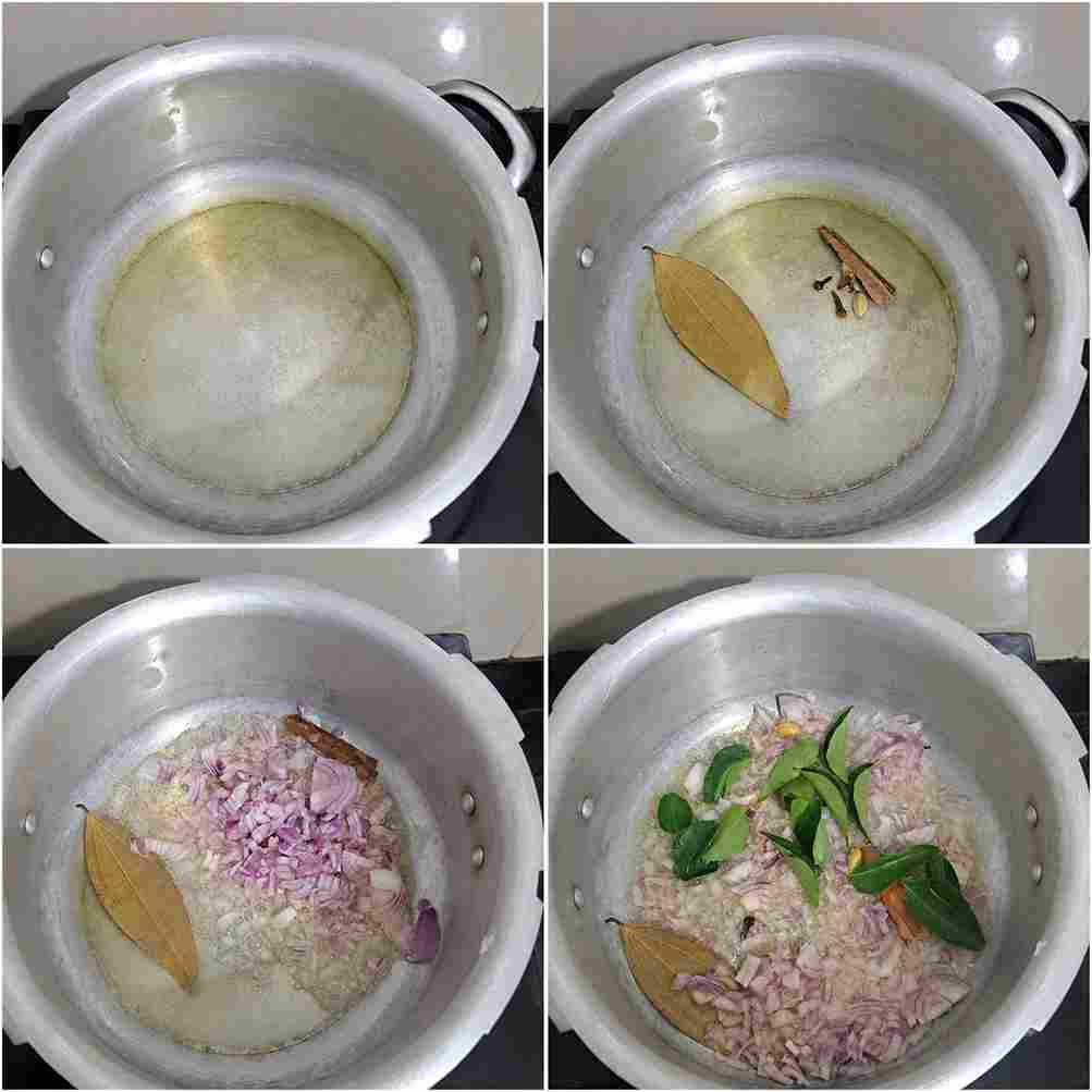Pressure cooker with gingelly oil, bay leaf, cinnamon, cloves, cardamom, chopped onion, and fresh curry leaves.