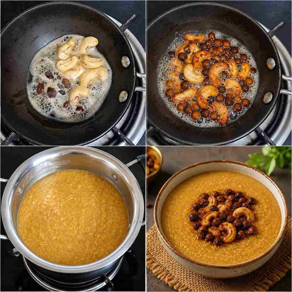A four-step collage showing cashews and raisins roasted in ghee and added to cooked Thinai Pongal before serving.