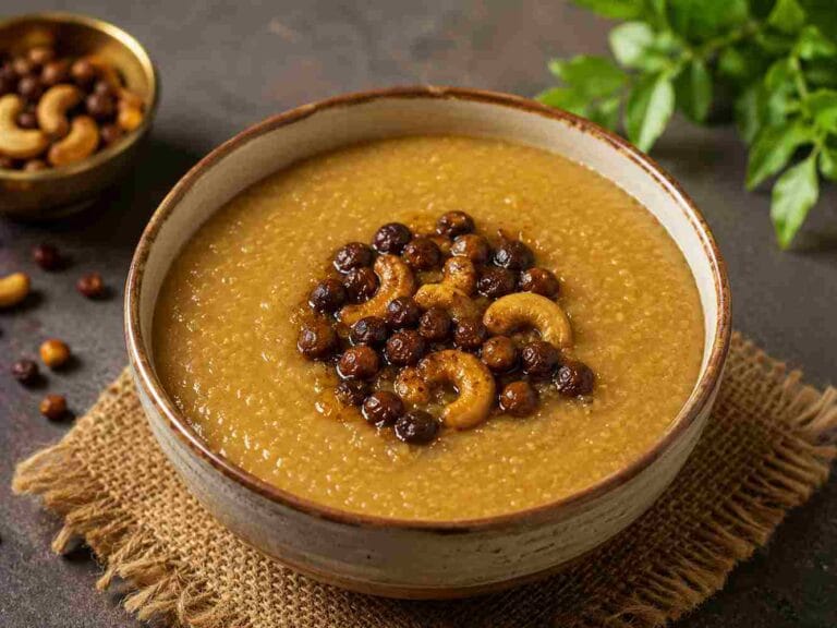 A bowl of Thinai Sarkarai Pongal topped with roasted cashews and raisins, served as a foxtail millet sweet prasadam.