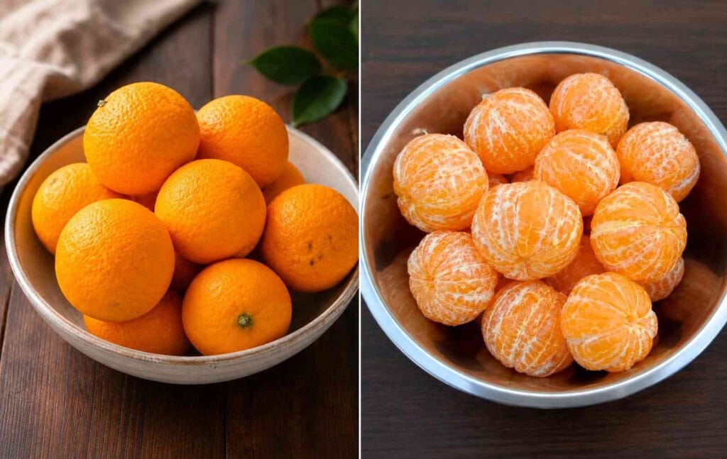 Bowl of fresh whole oranges beside a bowl of peeled oranges