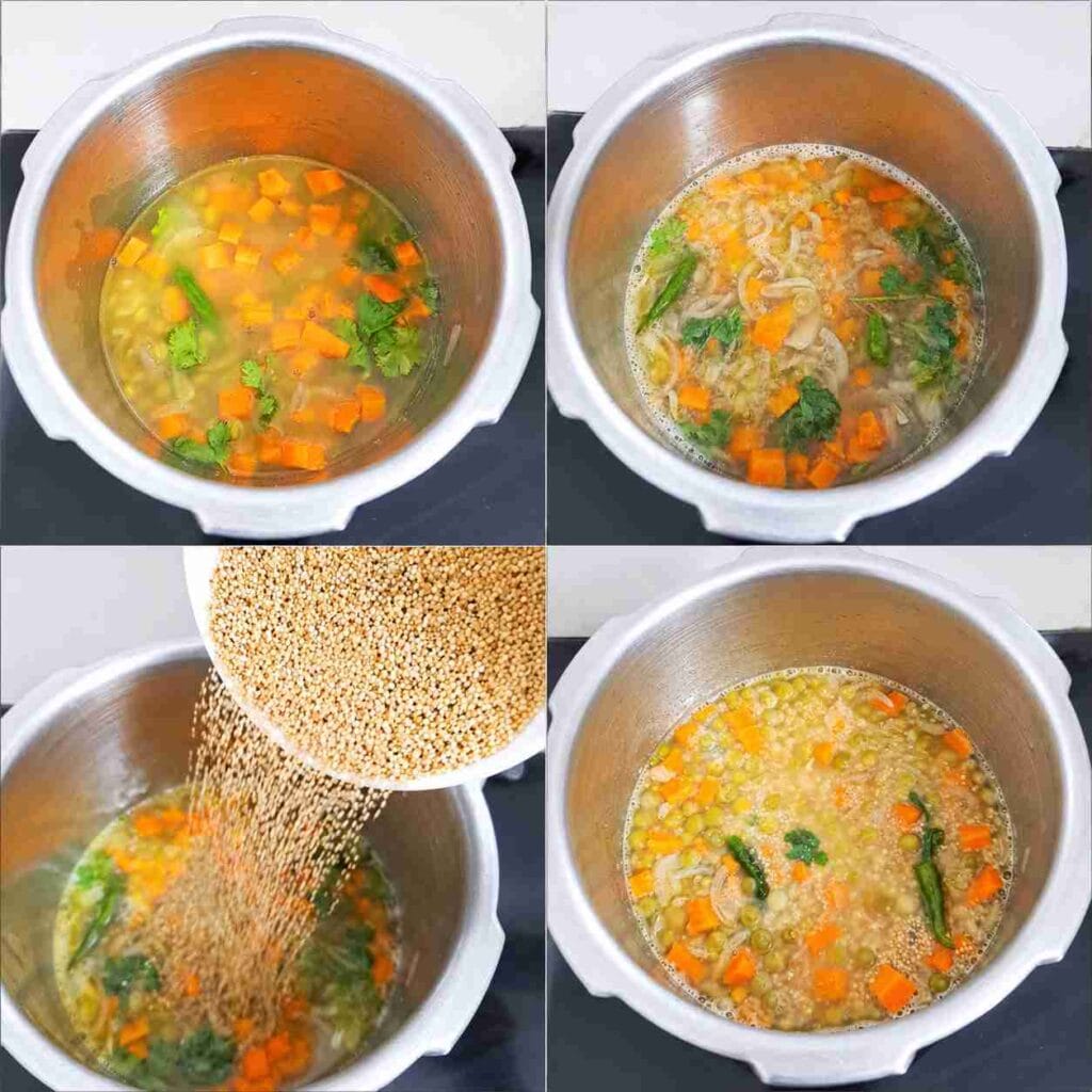 Soaked millet being added to boiling vegetables in a pressure cooker