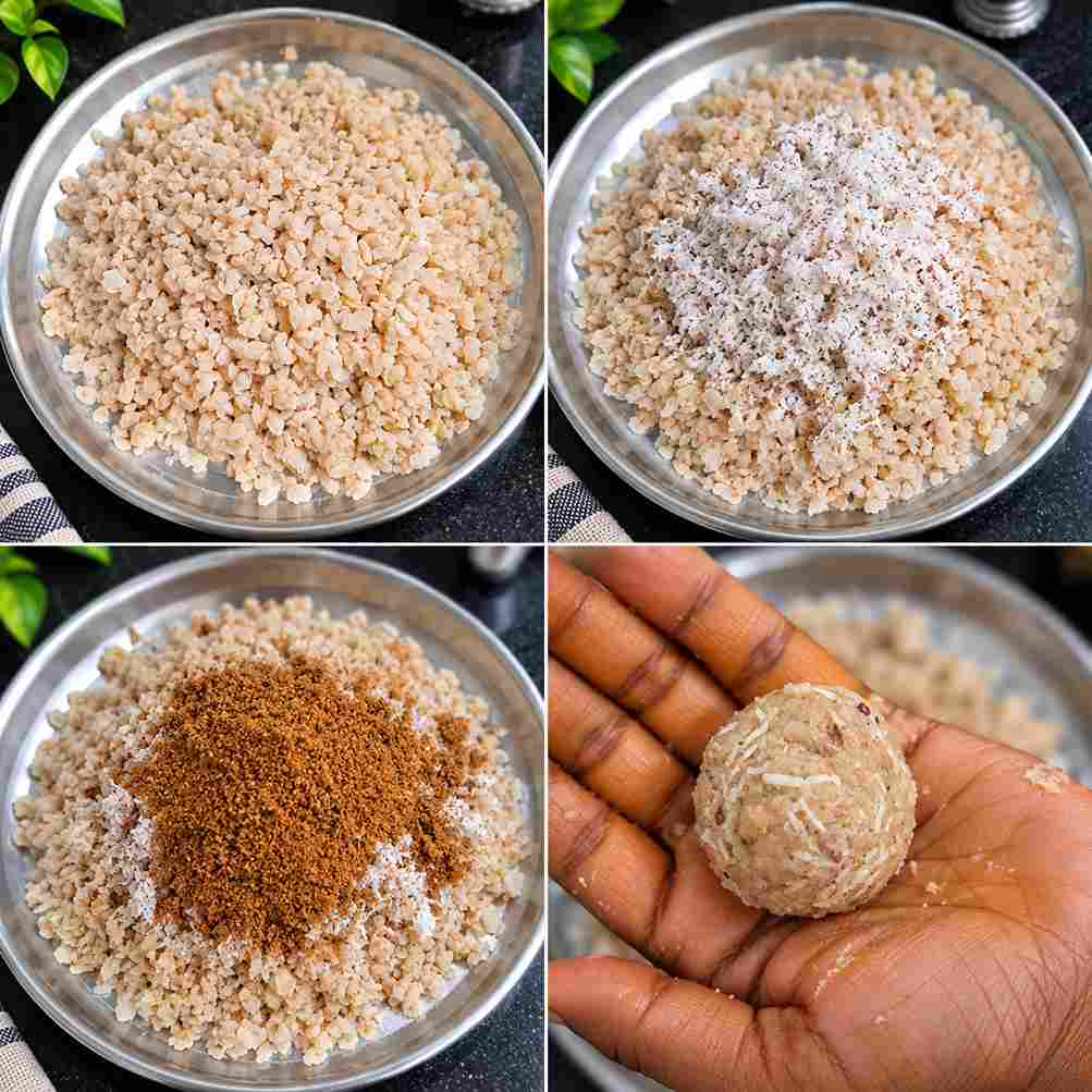 Aval mixture with grated coconut and country sugar, with a shaped urundai held in hand