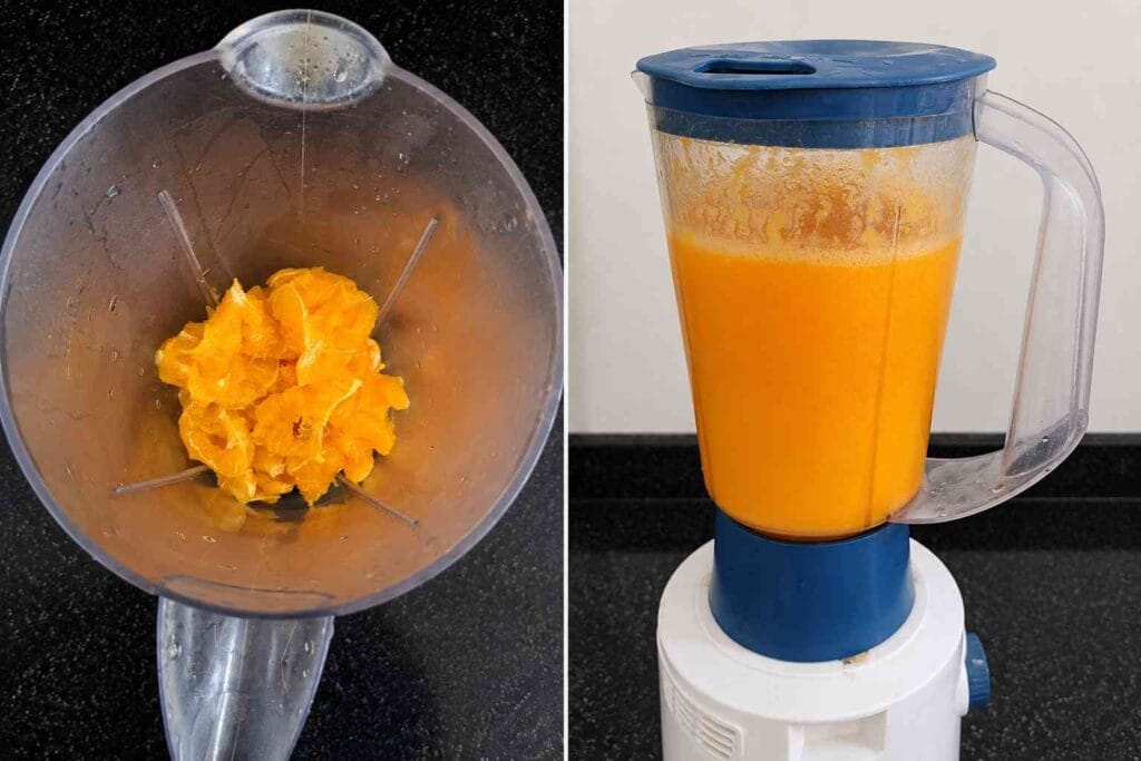 Peeled orange segments being blended in a mixer jar