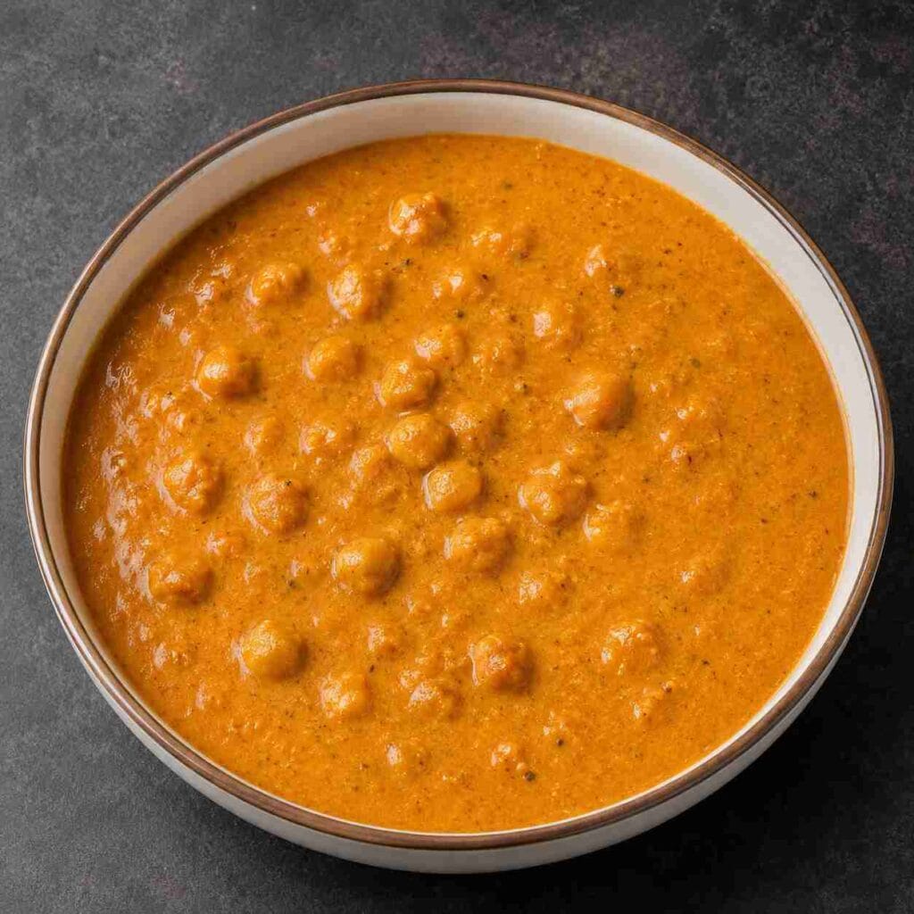Bowl of homemade chana masala with chickpeas in a smooth orange gravy