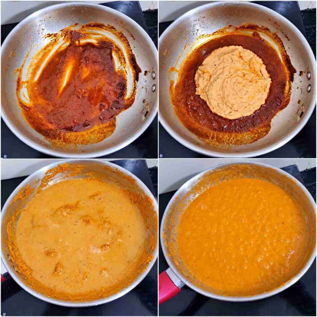 Spiced masala paste cooked in a pan until smooth and creamy