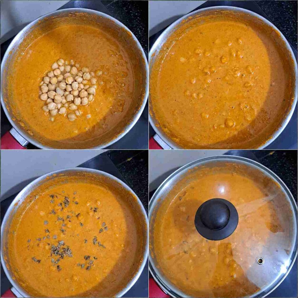 Cooked chickpeas added to smooth orange gravy with kasuri methi in a pan