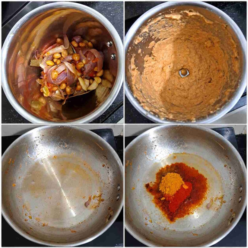 Cooked onion tomato peanut mixture blended into a smooth paste with spices in a pan