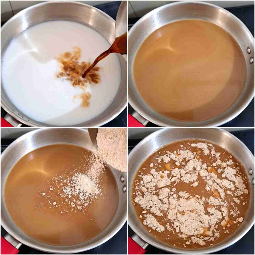 Coconut milk and jaggery mixture in a pan with powdered red poha being added