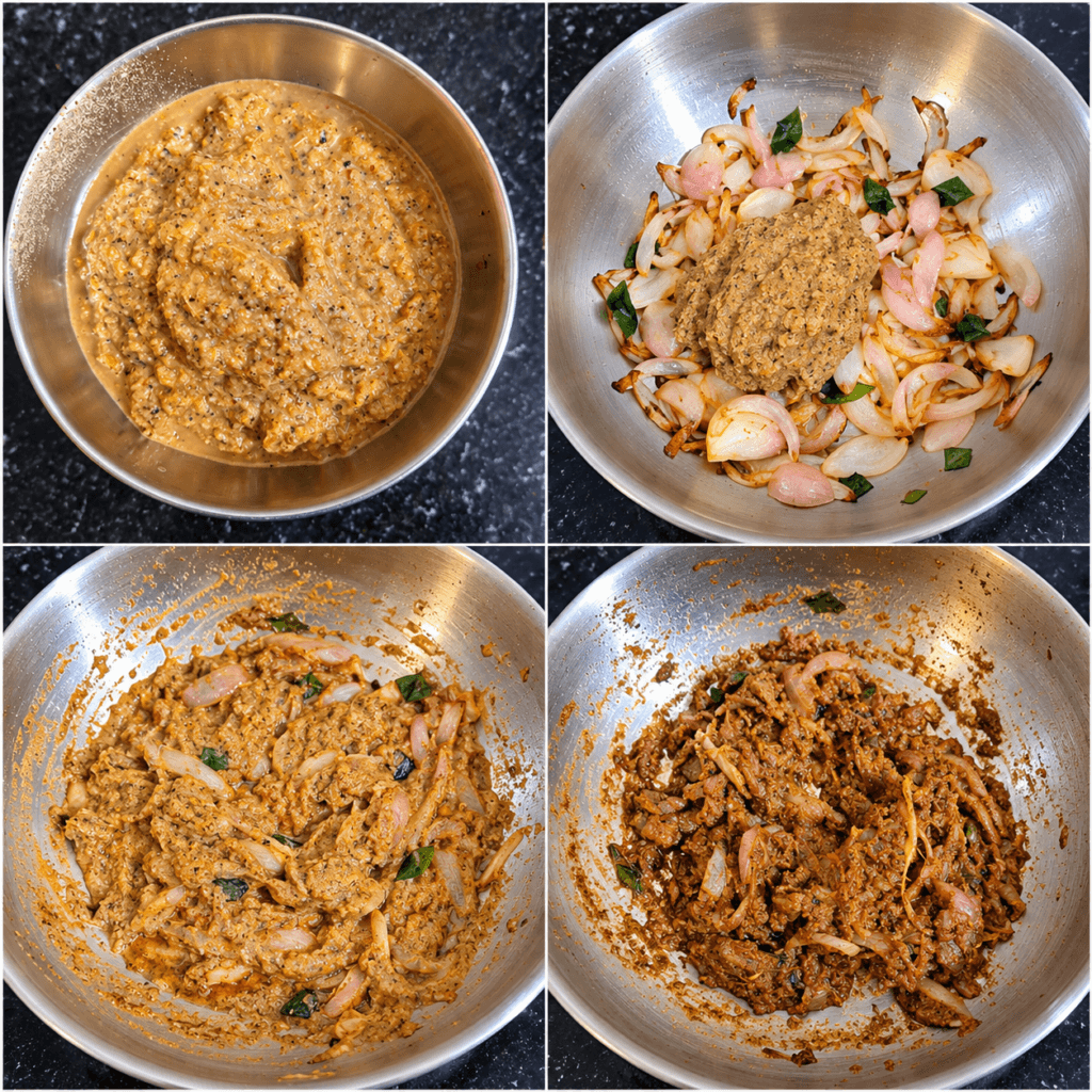 Homemade pepper masala paste cooking with sautéed onion and curry leaves