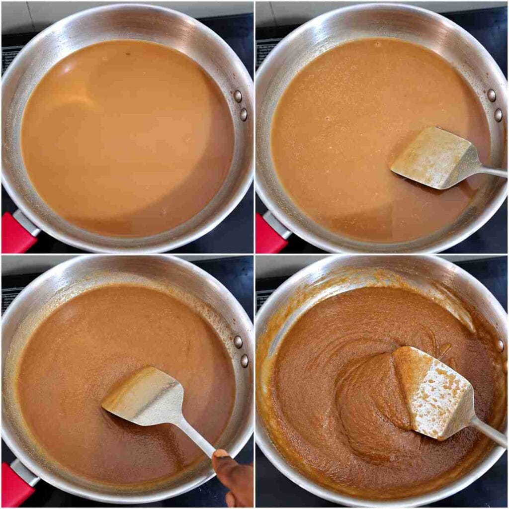 Red poha halwa mixture being stirred in a pan until thick