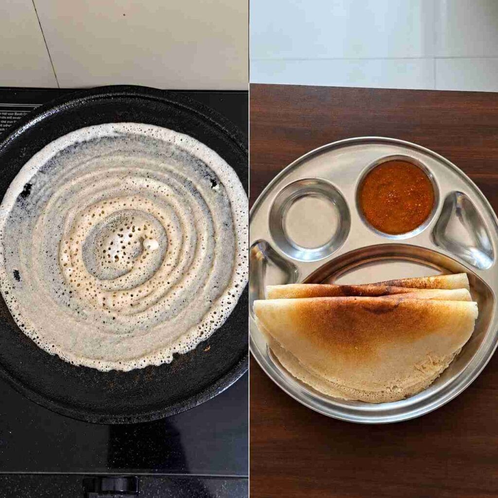 Thinai dosa spread on a tawa and folded crispy dosa served with chutney