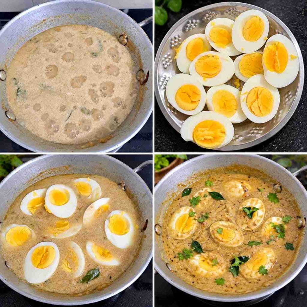 Boiled egg halves added to creamy coconut milk curry and garnished with coriander