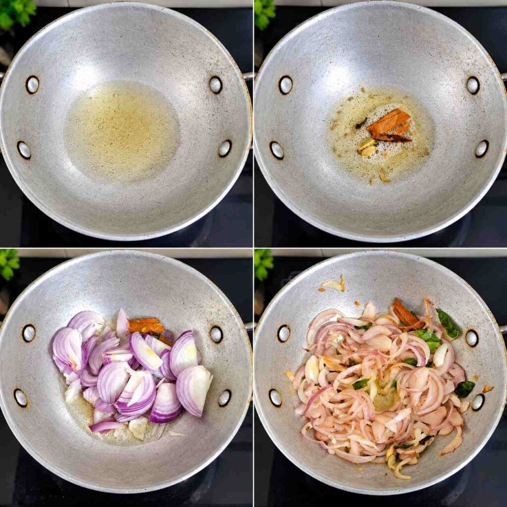 Sauteing whole spices and sliced onions in a kadai for egg and potato curry