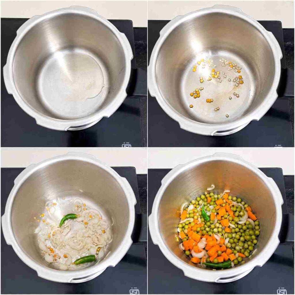 Pressure cooker with tempering, onion, green chilli, carrot and green peas for Foxtail Millet Vegetable Upma
